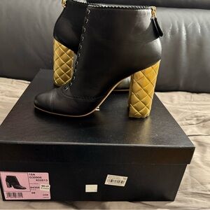 CHANEL Size 38 Paris-Salzburg Black Leather Quilted Gold Heel Ankle Bootie